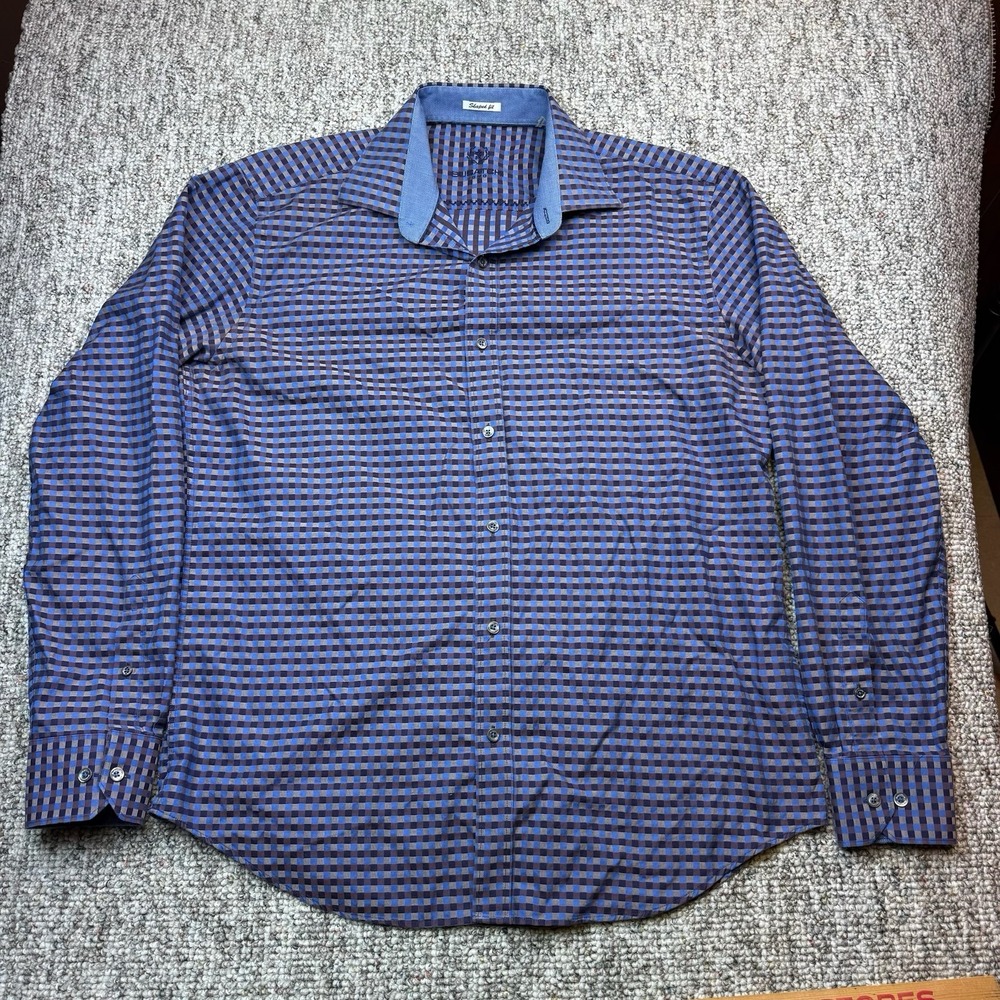 Bugatchi Uomo Shirt Mens Large Shaped Fit Check Button Up Long Sleeve Blue